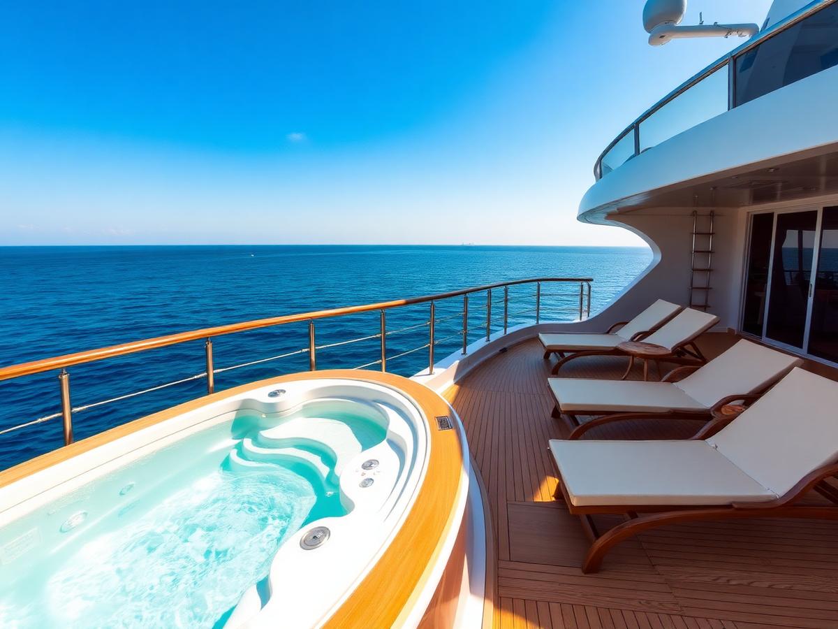 Sun deck jacuzzi and loungers aboard a charter yacht